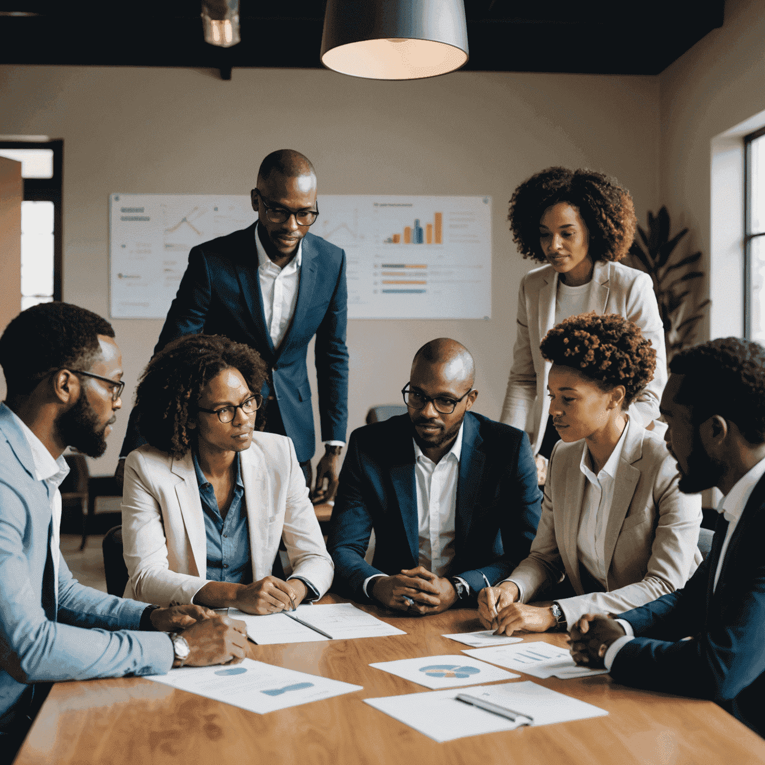 A team of diverse South African professionals discussing market research data and insights around a conference table