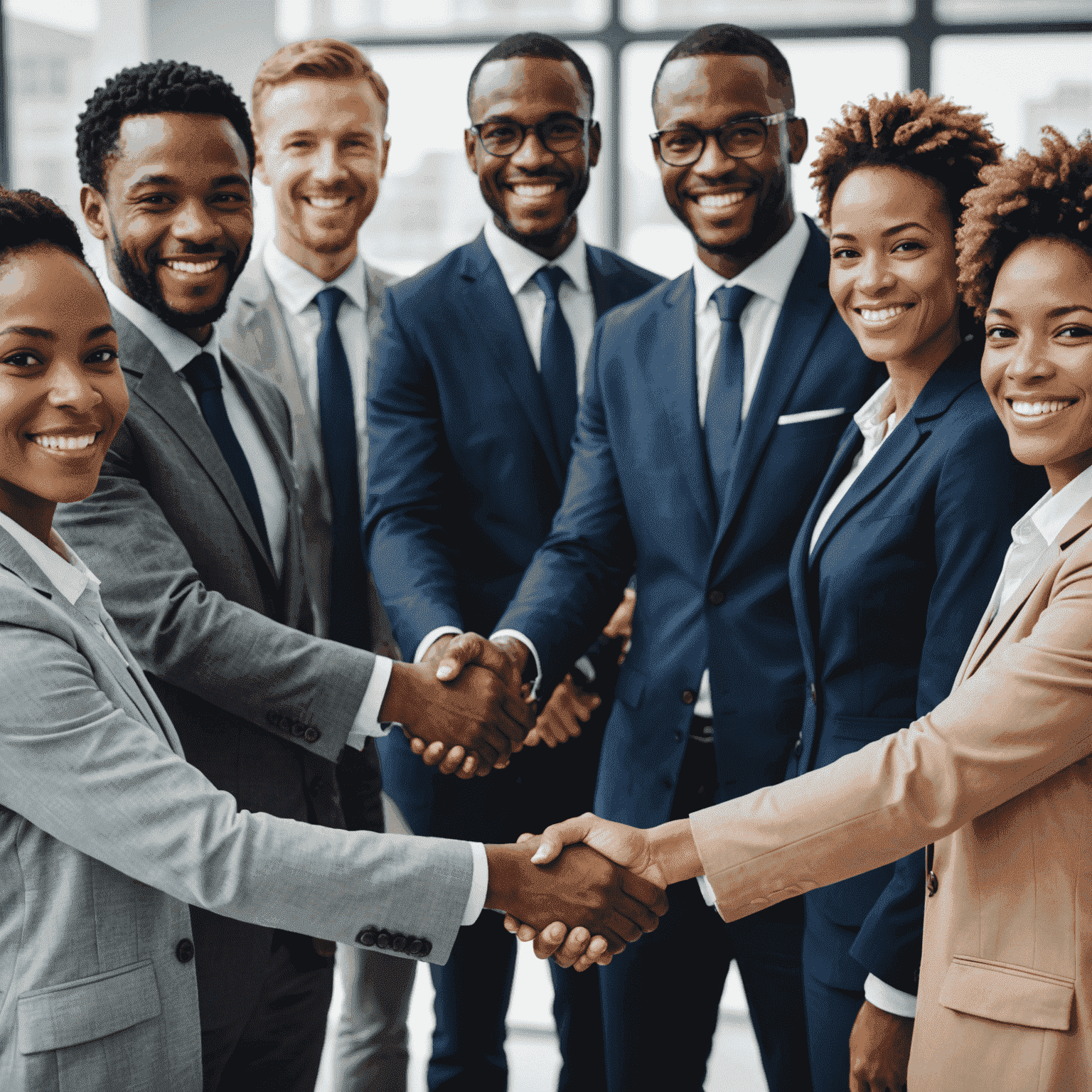 Diverse group of South African business professionals shaking hands and smiling at the camera, symbolizing strong partnerships and collaboration