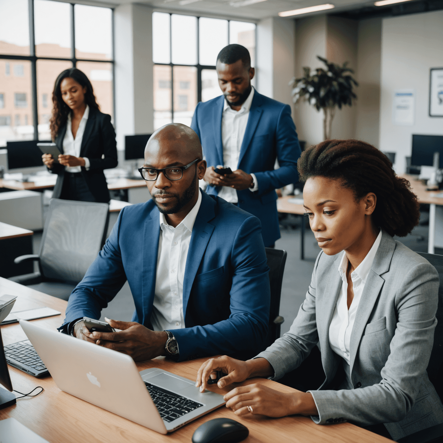 Businesspeople using technology in a modern South African office