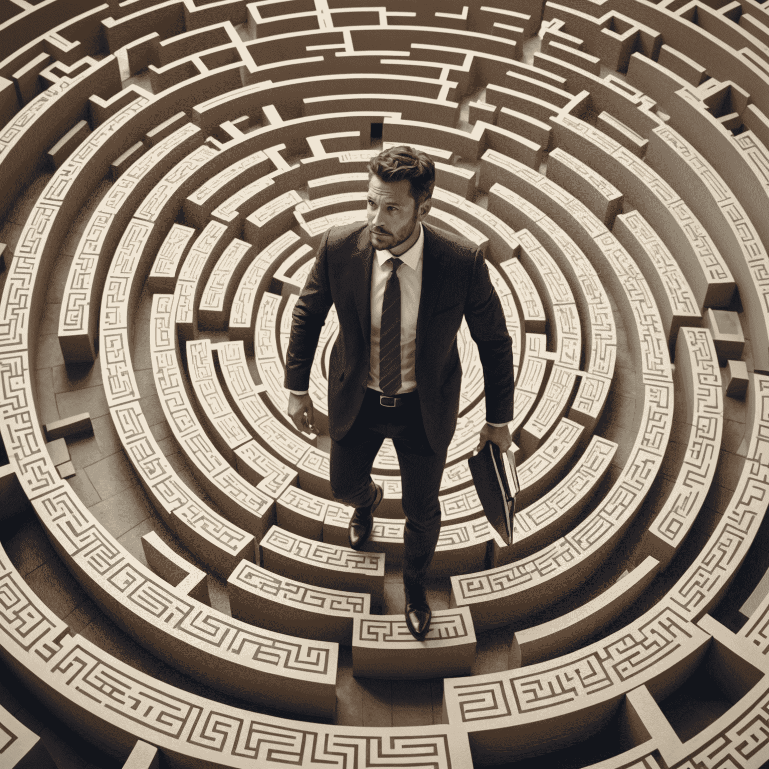 A businessman navigating through a maze of regulatory documents and compliance requirements