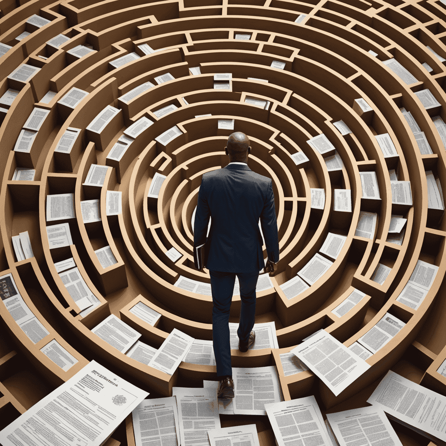 A businessperson navigating through a maze of legal documents and regulations, symbolizing the complexity of South Africa's regulatory environment